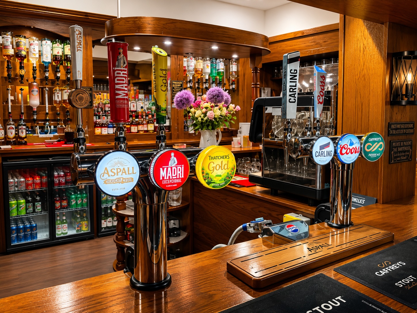 The Crown and Anchor Inn bar — Aspall cider, Madri, Thatcher's Gold and more on draught