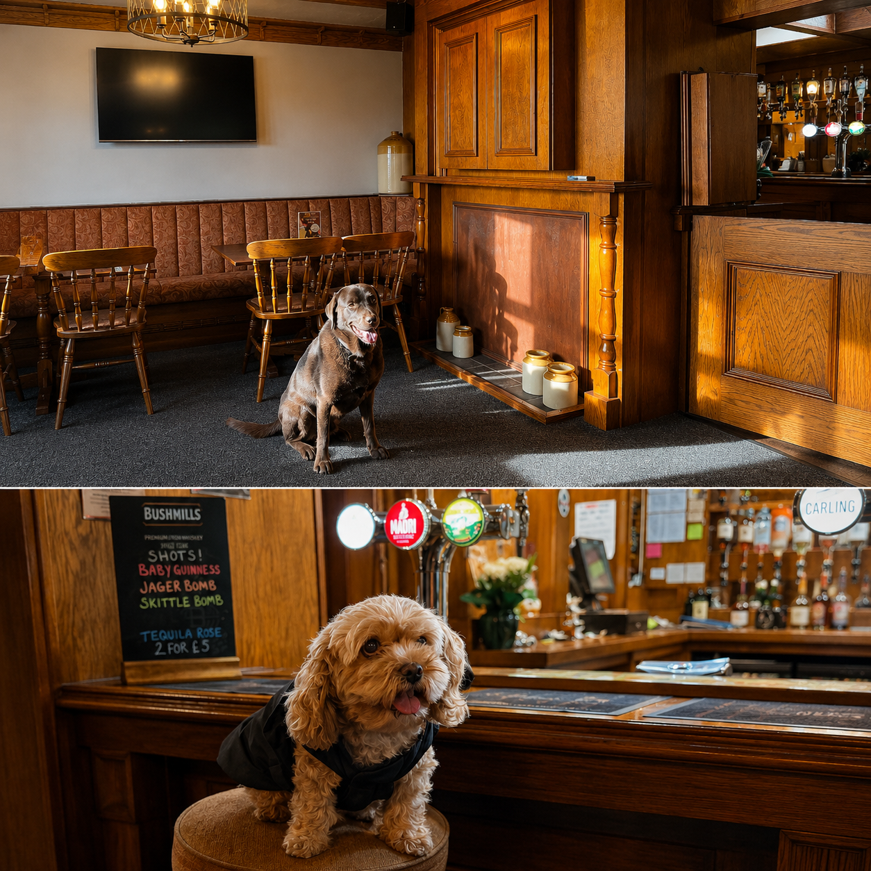 Dogs enjoying the Crown and Anchor Inn bar — a proper dog-friendly pub in Newport