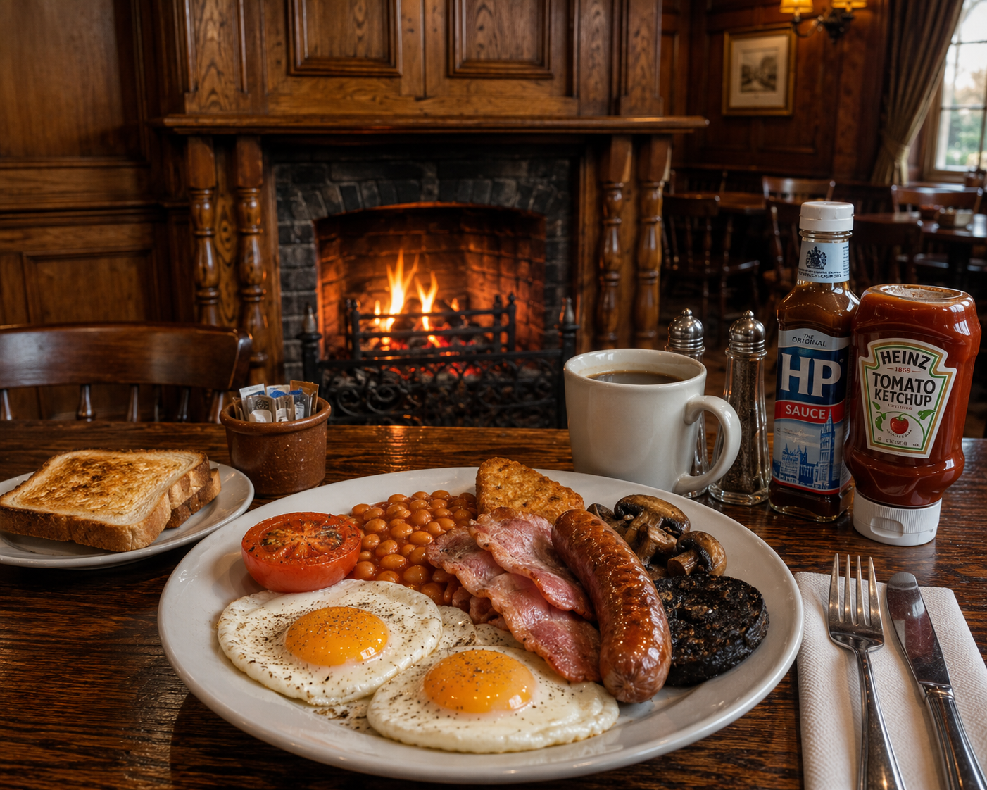 Full English breakfast at The Crown and Anchor Inn — eggs, bacon, sausage, black pudding, beans, tomato and toast by the fireplace
