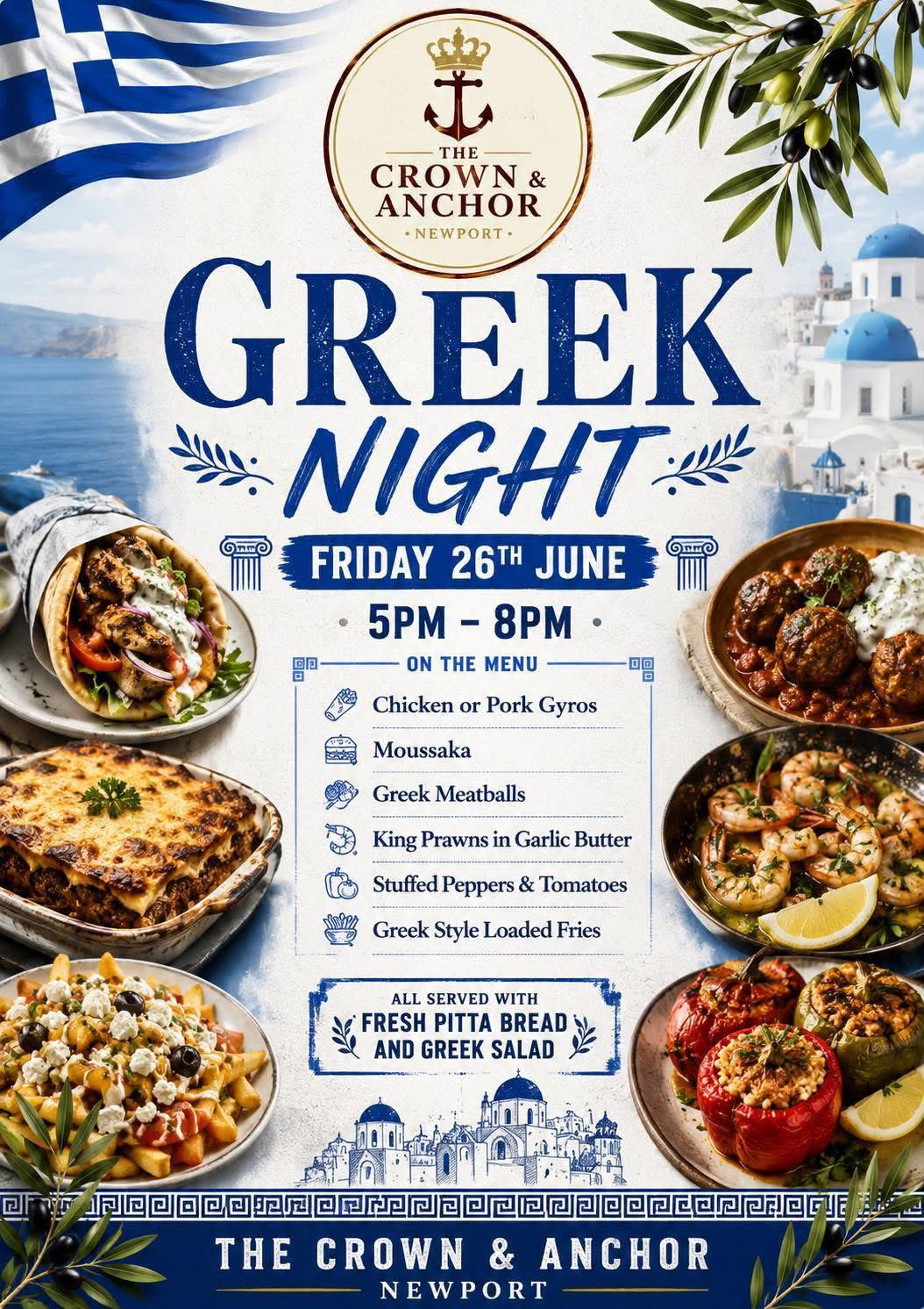 Greek Night at The Crown and Anchor — Friday 26th June, 5pm–8pm. Gyros, moussaka, meatballs, king prawns and more.