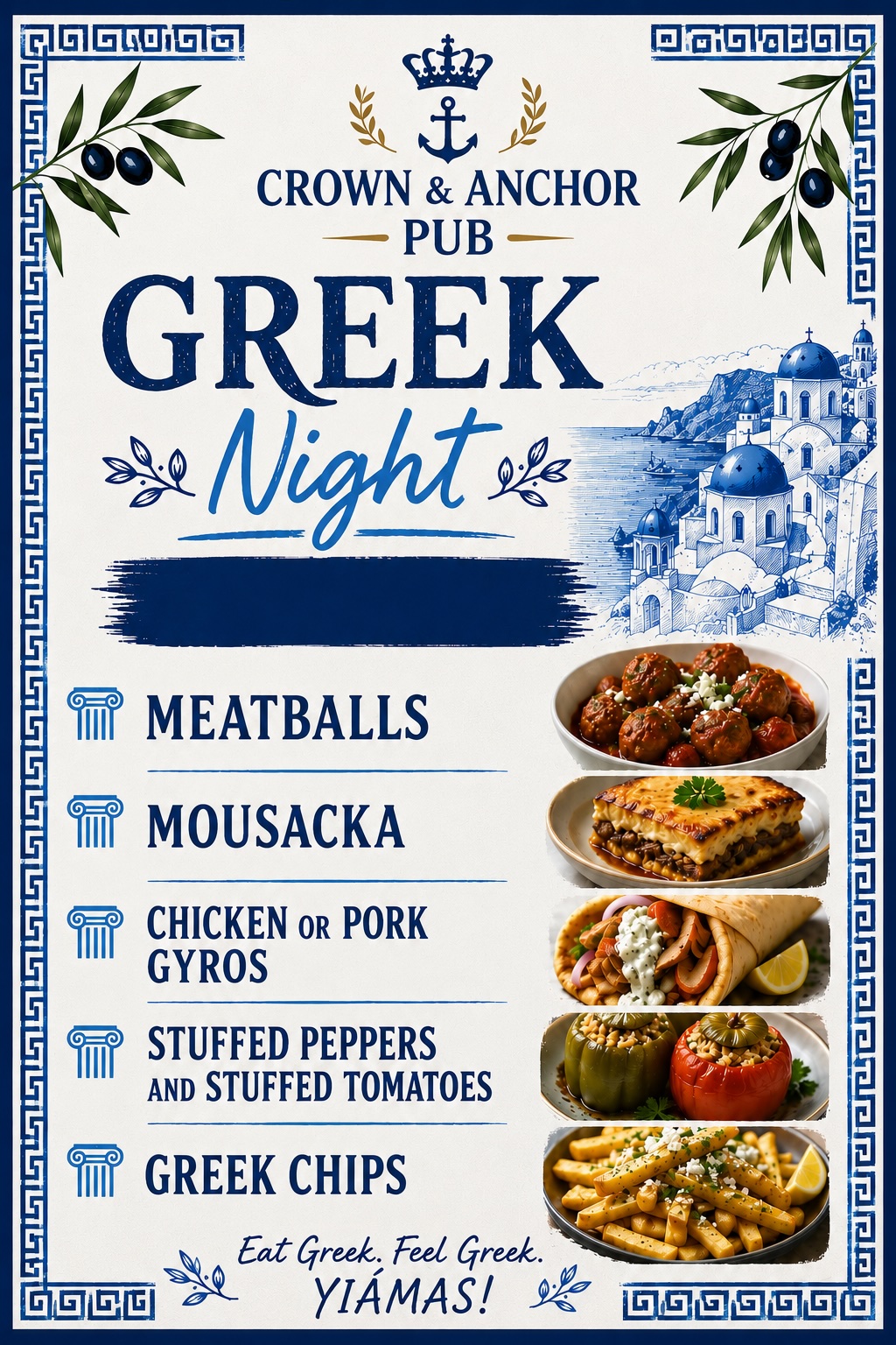 Greek Night at The Crown and Anchor Inn — meatballs, moussaka, gyros, stuffed peppers and Greek chips