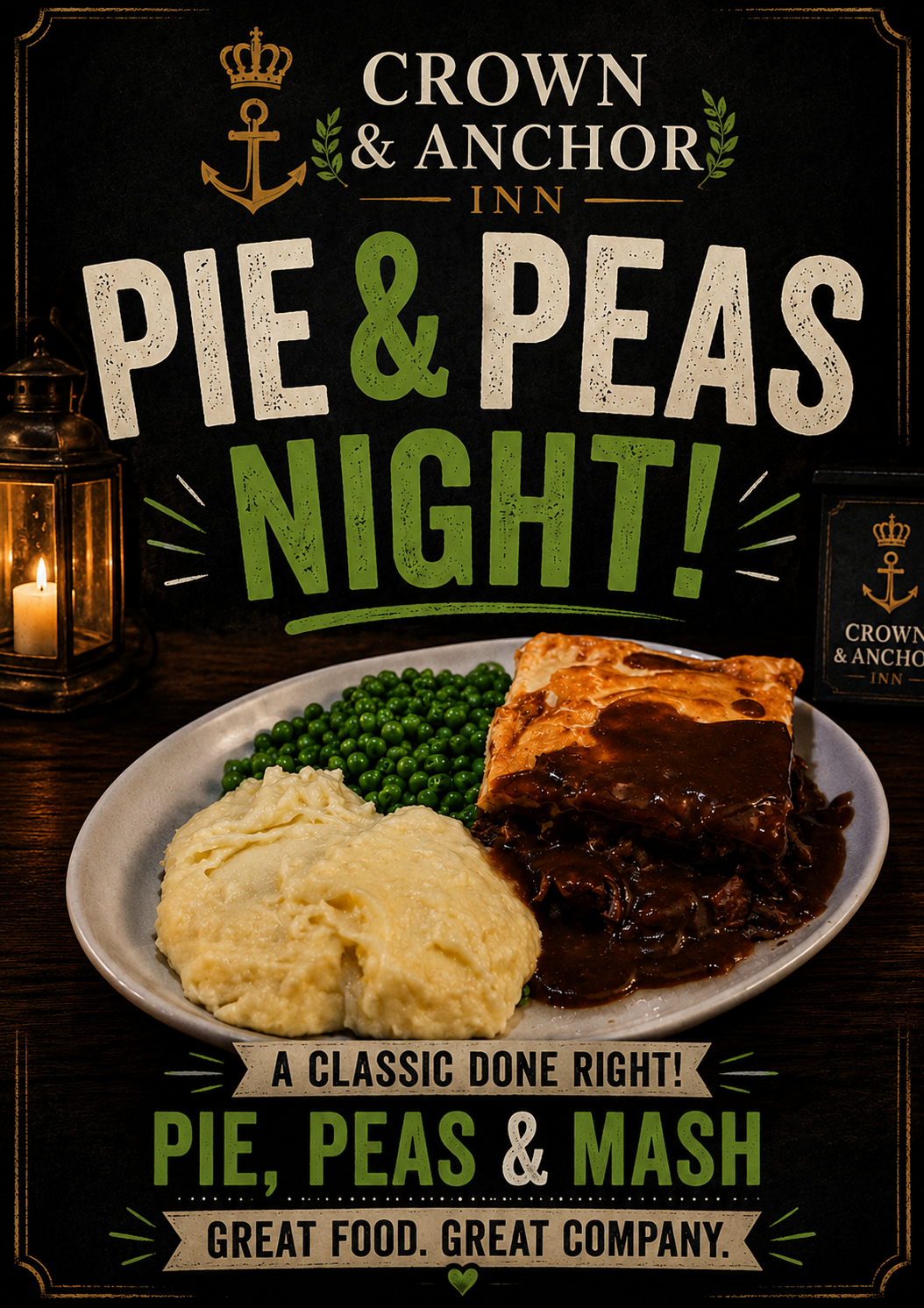 Pie & Peas Night at The Crown and Anchor Inn — classic pie, peas and mash