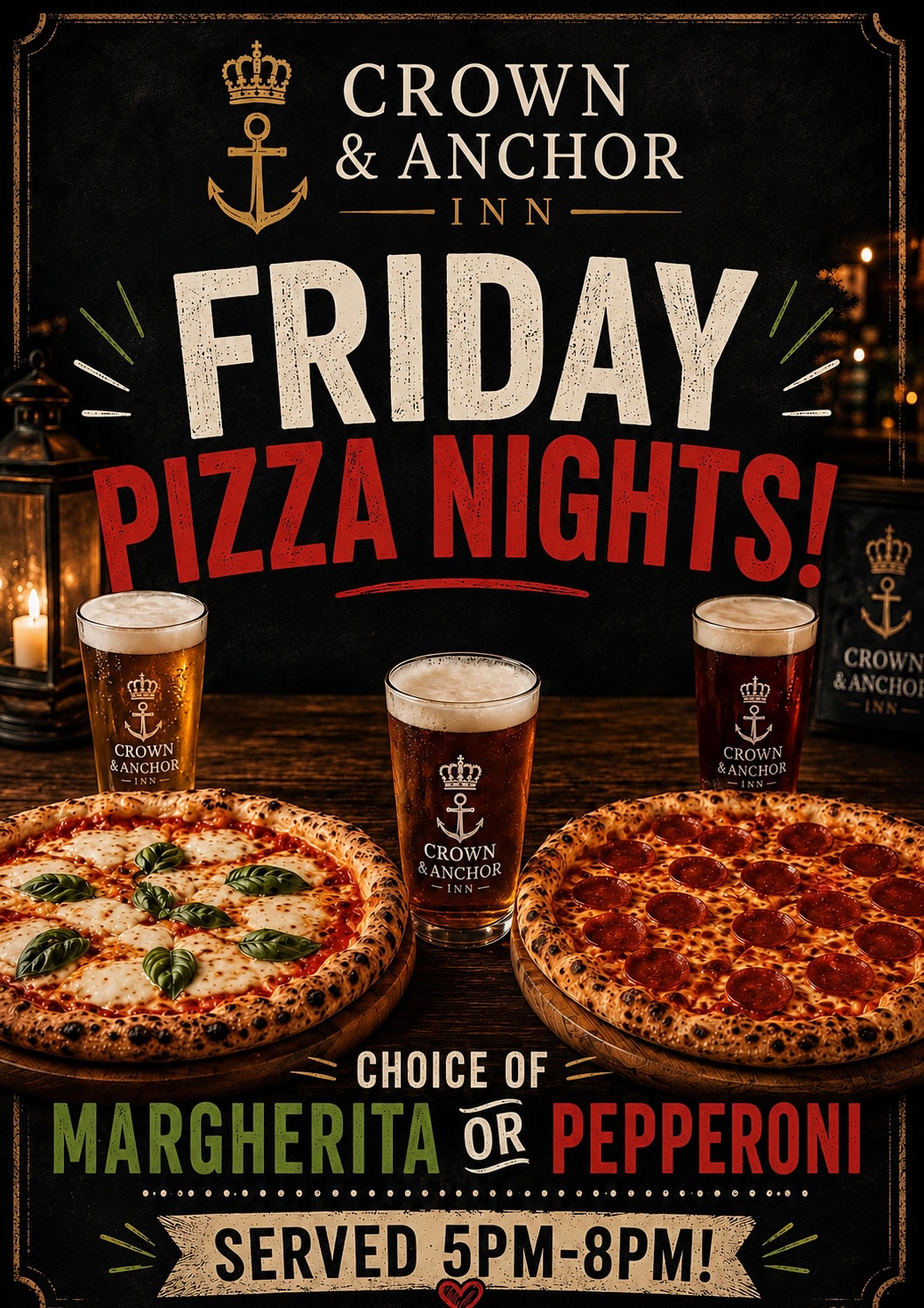 Friday Pizza Night at The Crown and Anchor Inn — margherita or pepperoni, served 5pm–8pm
