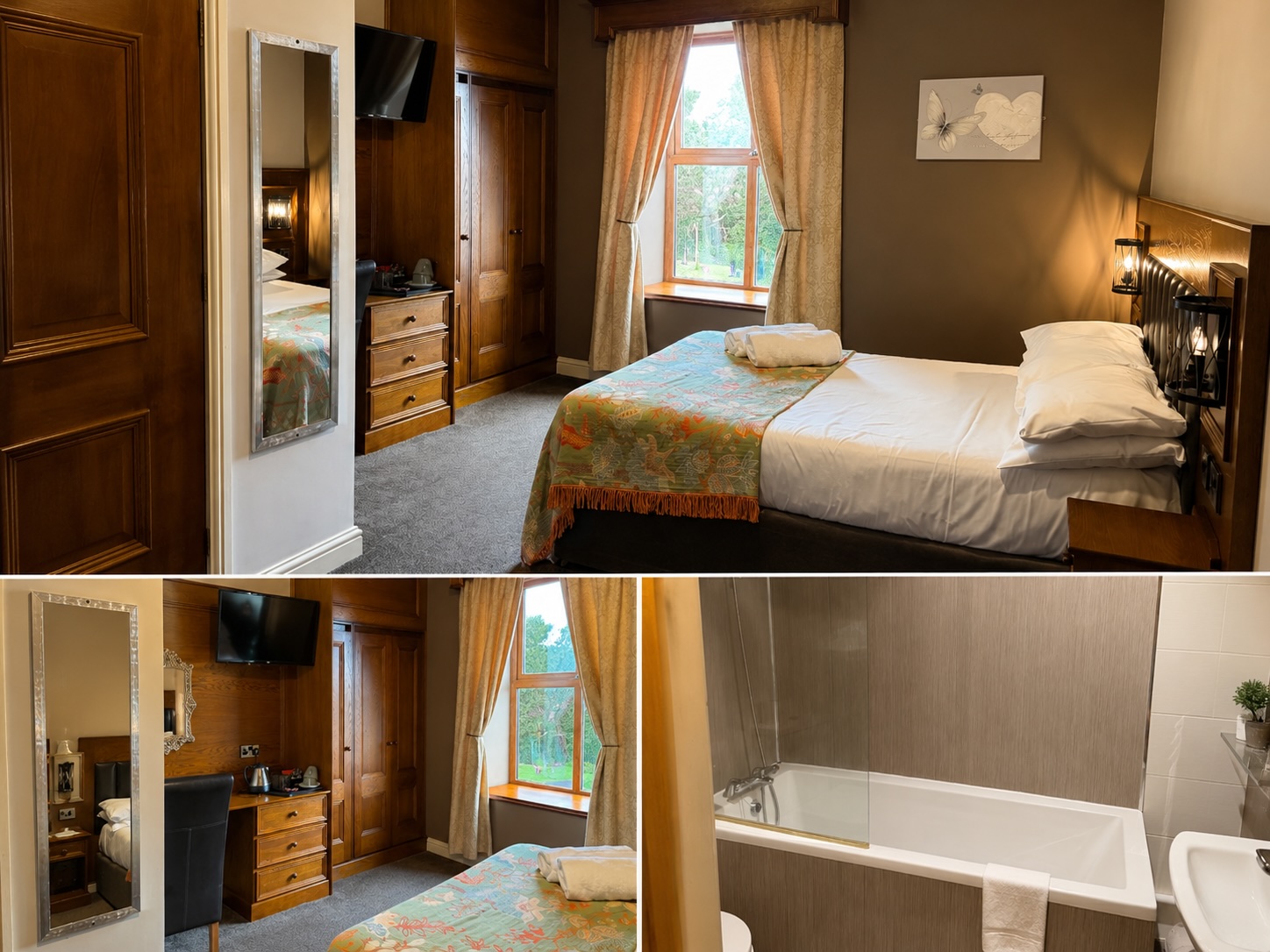 Room 2 — double bedroom with taupe décor, garden view window and bath en-suite at The Crown and Anchor Inn