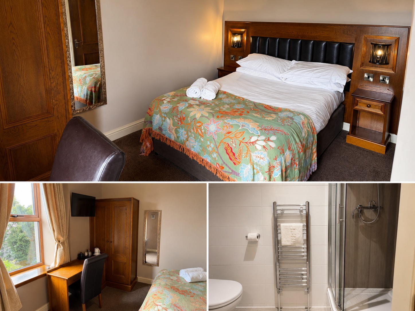 Room 4 — double bedroom with classic headboard, armchair and shower en-suite at The Crown and Anchor Inn