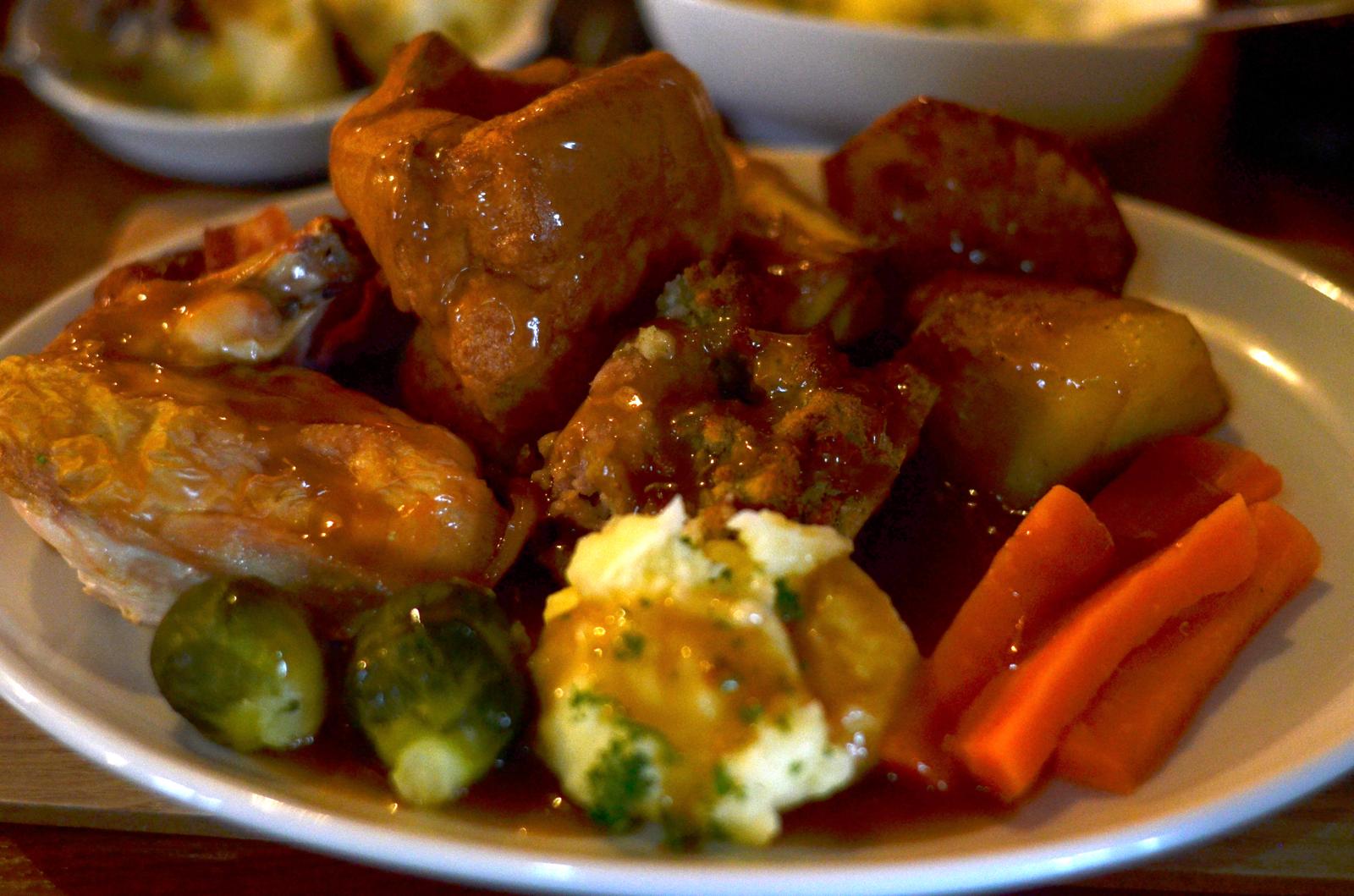 Sunday roast — stuffing, sprouts, carrots and gravy